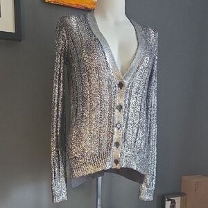 BCBG Silver Lame Metallic Coated Button Up V-Neck Cardigan